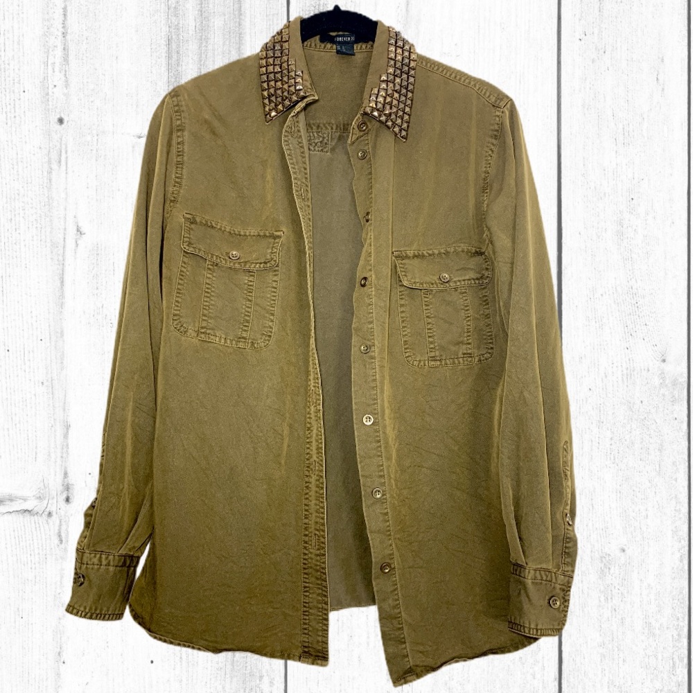 Olive Green Studded Collar Button Down Shirt
